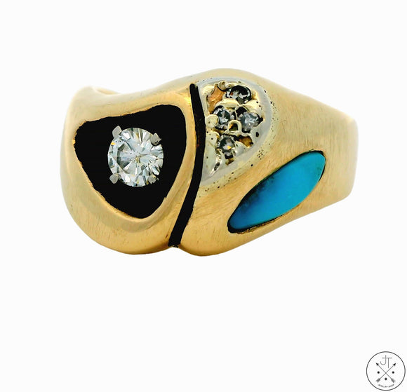 Vintage 14k Yellow Gold Abstract Ring with Turquoise and Diamond Size 11