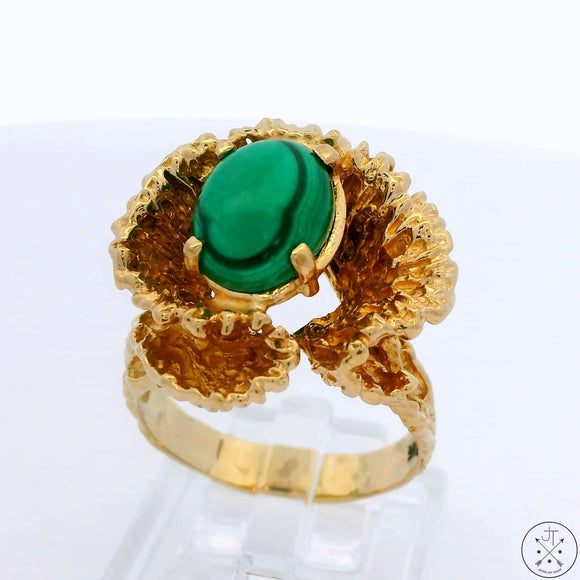 Vintage 14k Yellow Gold Statement Ring with Malachite Size 8.5 Custom