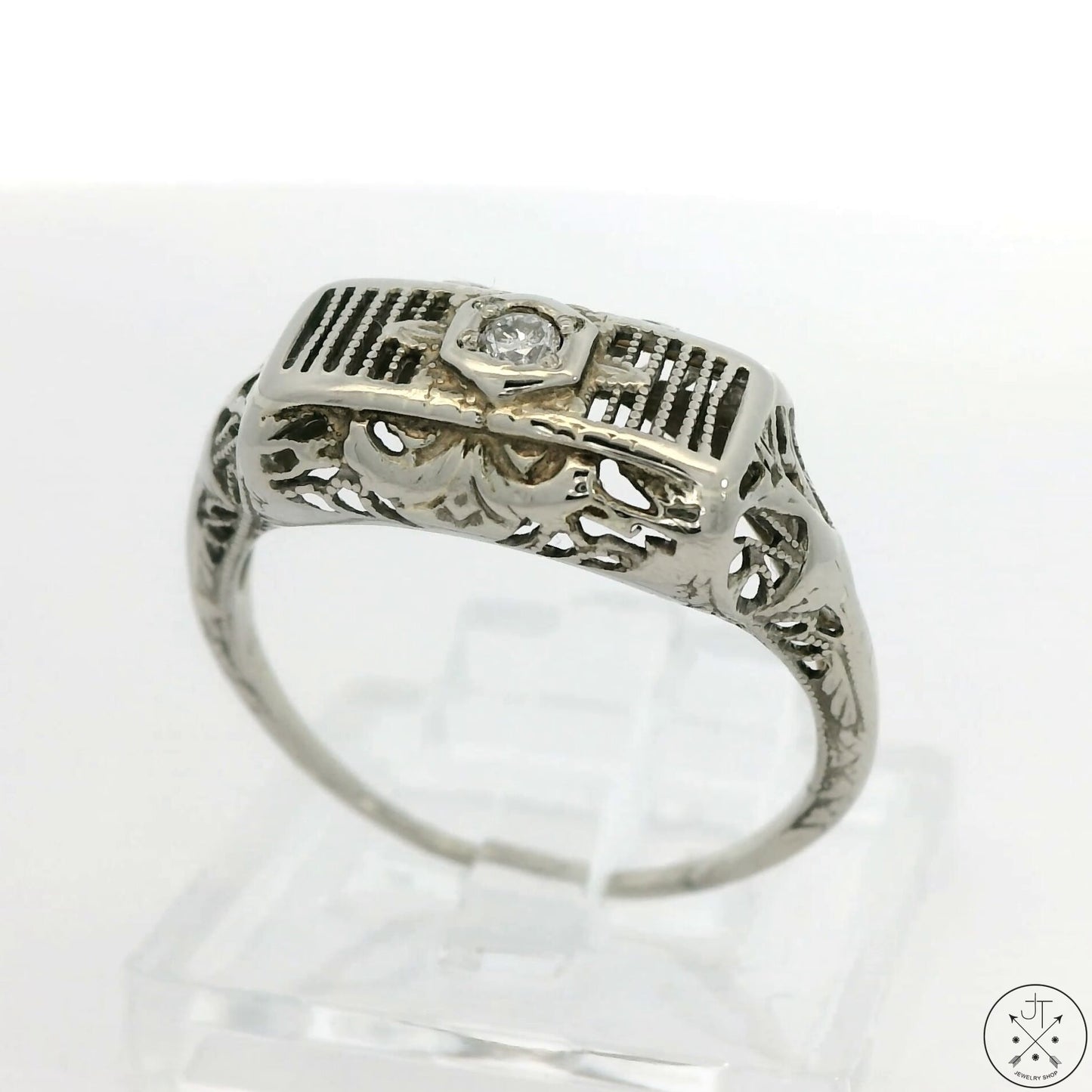 Antique 14k White Gold Filigree Bar Ring with Diamond Size 6.25 Vintage