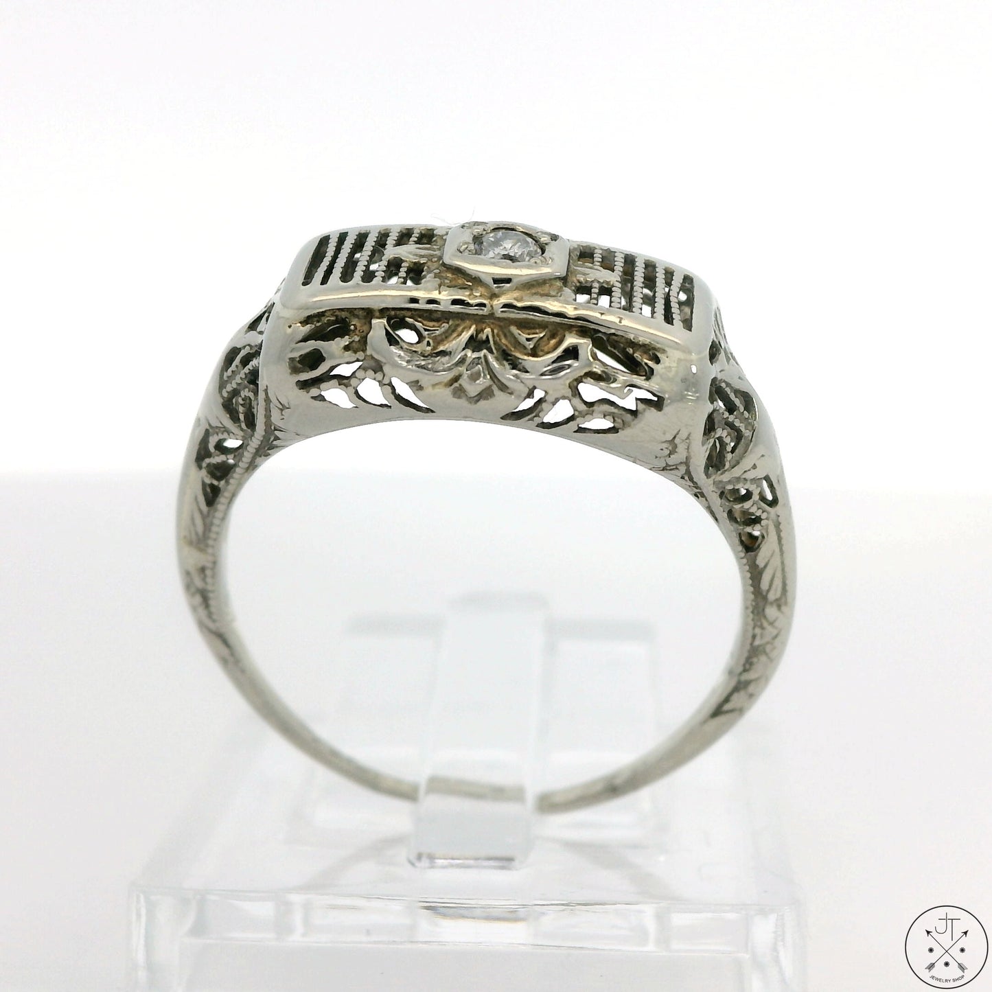 Antique 14k White Gold Filigree Bar Ring with Diamond Size 6.25 Vintage