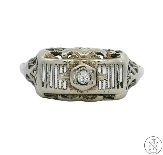 Antique 14k White Gold Filigree Bar Ring with Diamond Size 6.25 Vintage