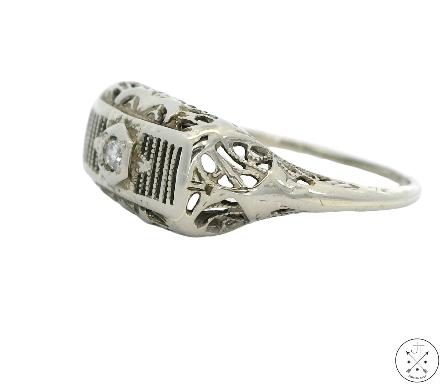 Antique 14k White Gold Filigree Bar Ring with Diamond Size 6.25 Vintage