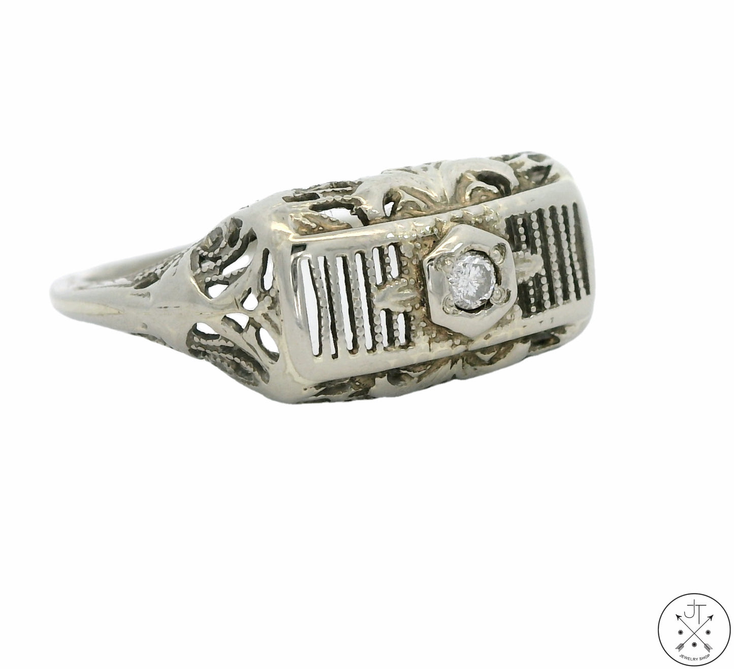 Antique 14k White Gold Filigree Bar Ring with Diamond Size 6.25 Vintage