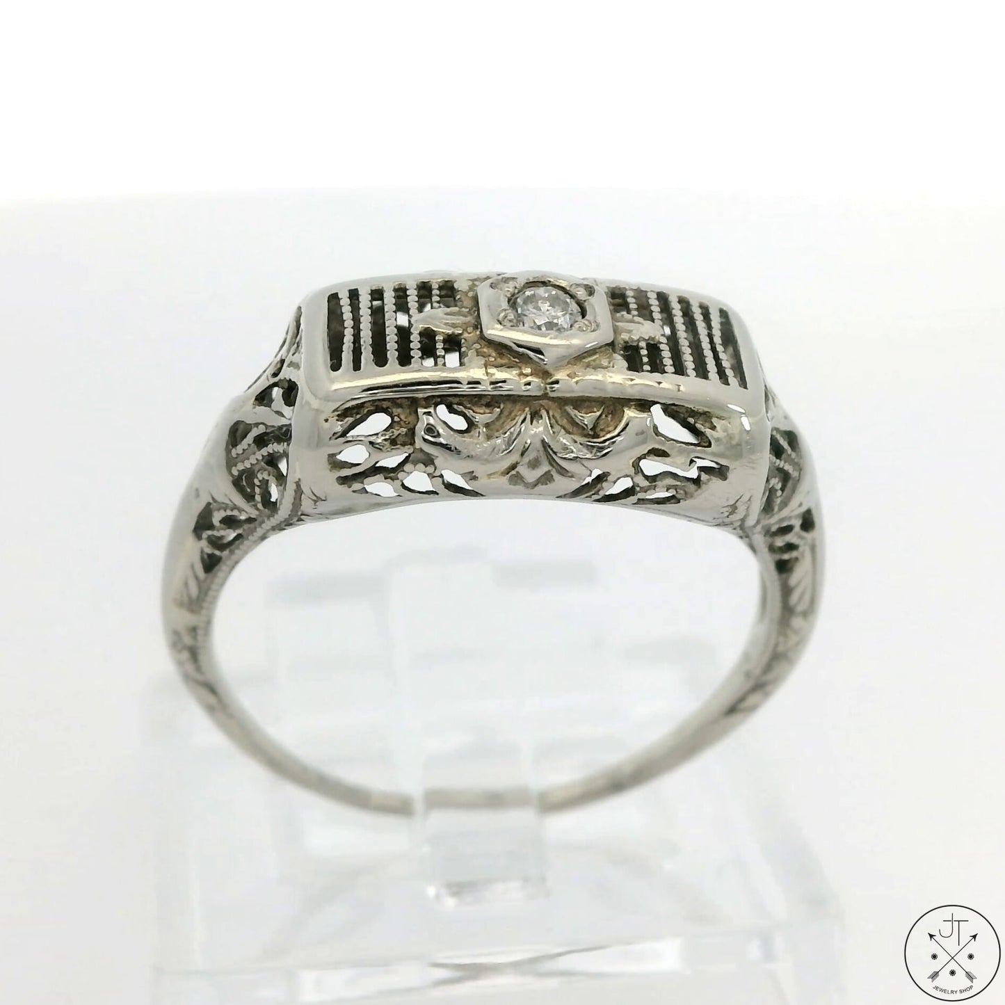 Antique 14k White Gold Filigree Bar Ring with Diamond Size 6.25 Vintage