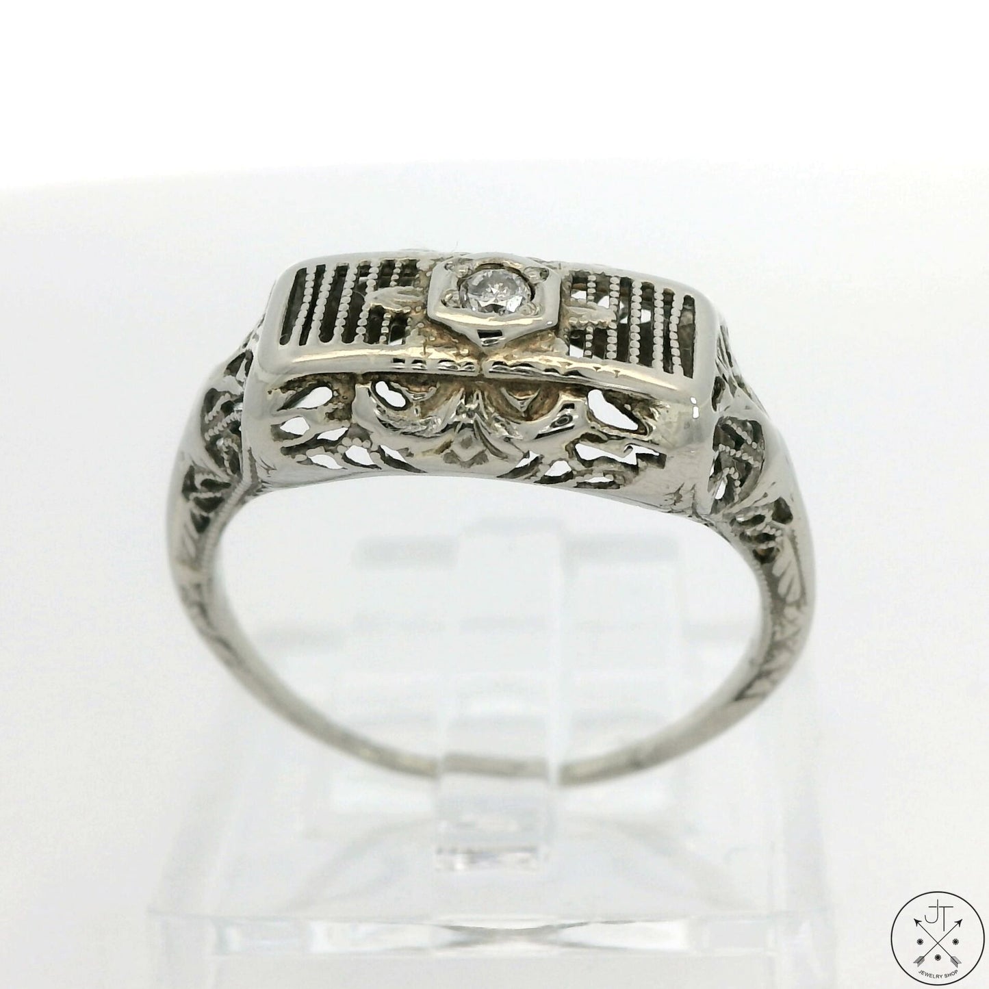 Antique 14k White Gold Filigree Bar Ring with Diamond Size 6.25 Vintage