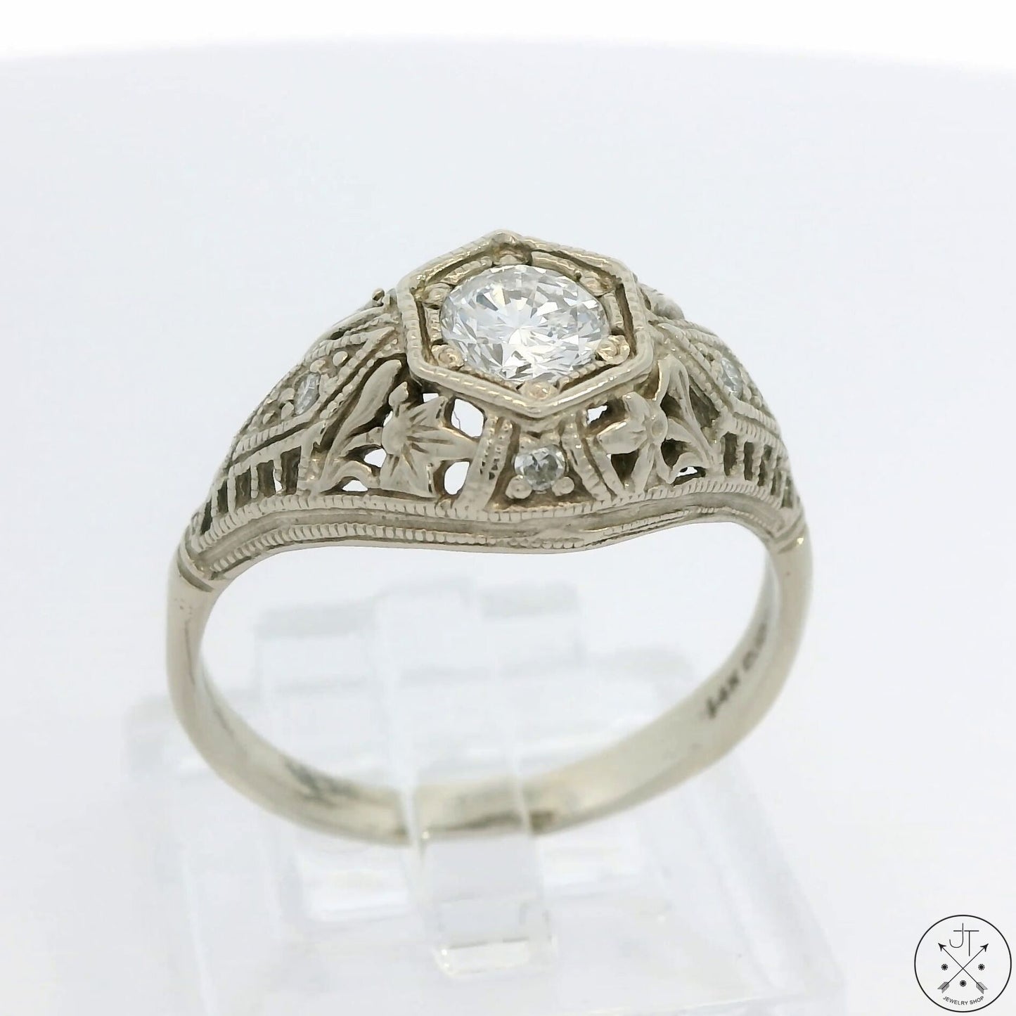 Vintage 14k White Gold Filigree Ring with 1/2 ctw Diamonds Size 7.75