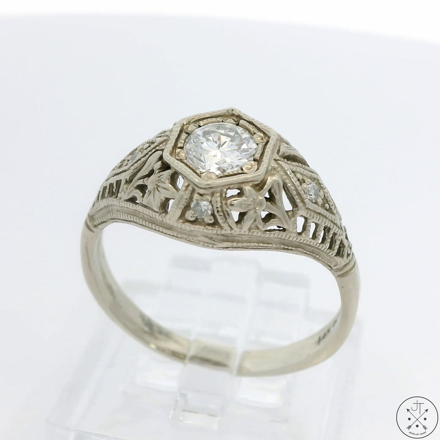Vintage 14k White Gold Filigree Ring with 1/2 ctw Diamonds Size 7.75