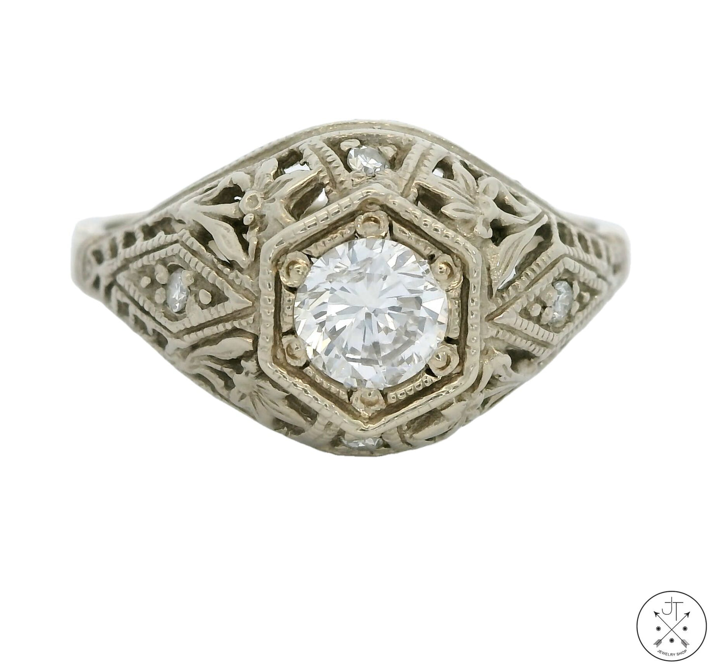 Vintage 14k White Gold Filigree Ring with 1/2 ctw Diamonds Size 7.75