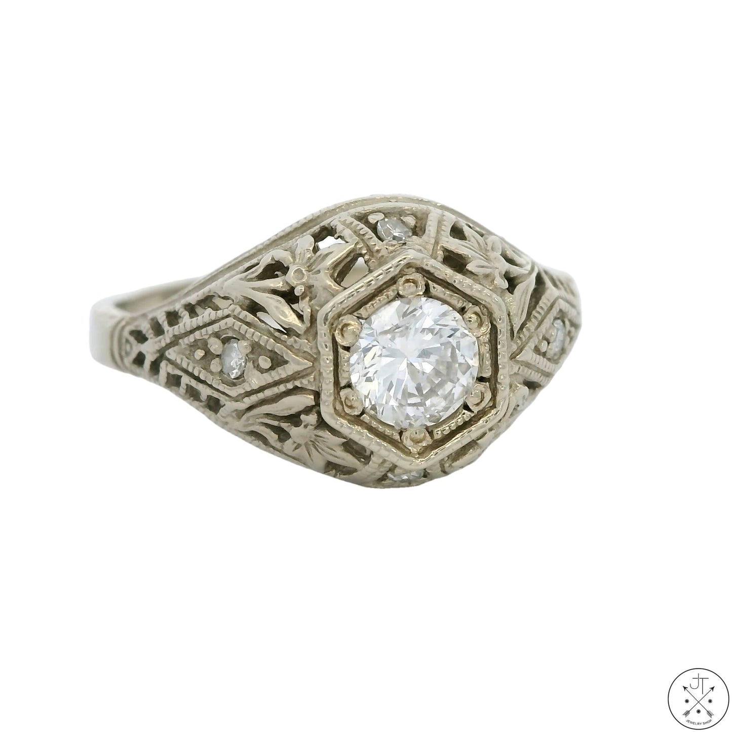 Vintage 14k White Gold Filigree Ring with 1/2 ctw Diamonds Size 7.75