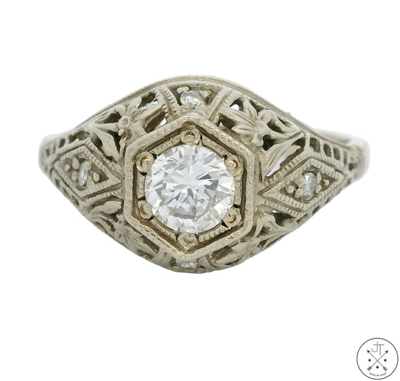 Vintage 14k White Gold Filigree Ring with 1/2 ctw Diamonds Size 7.75