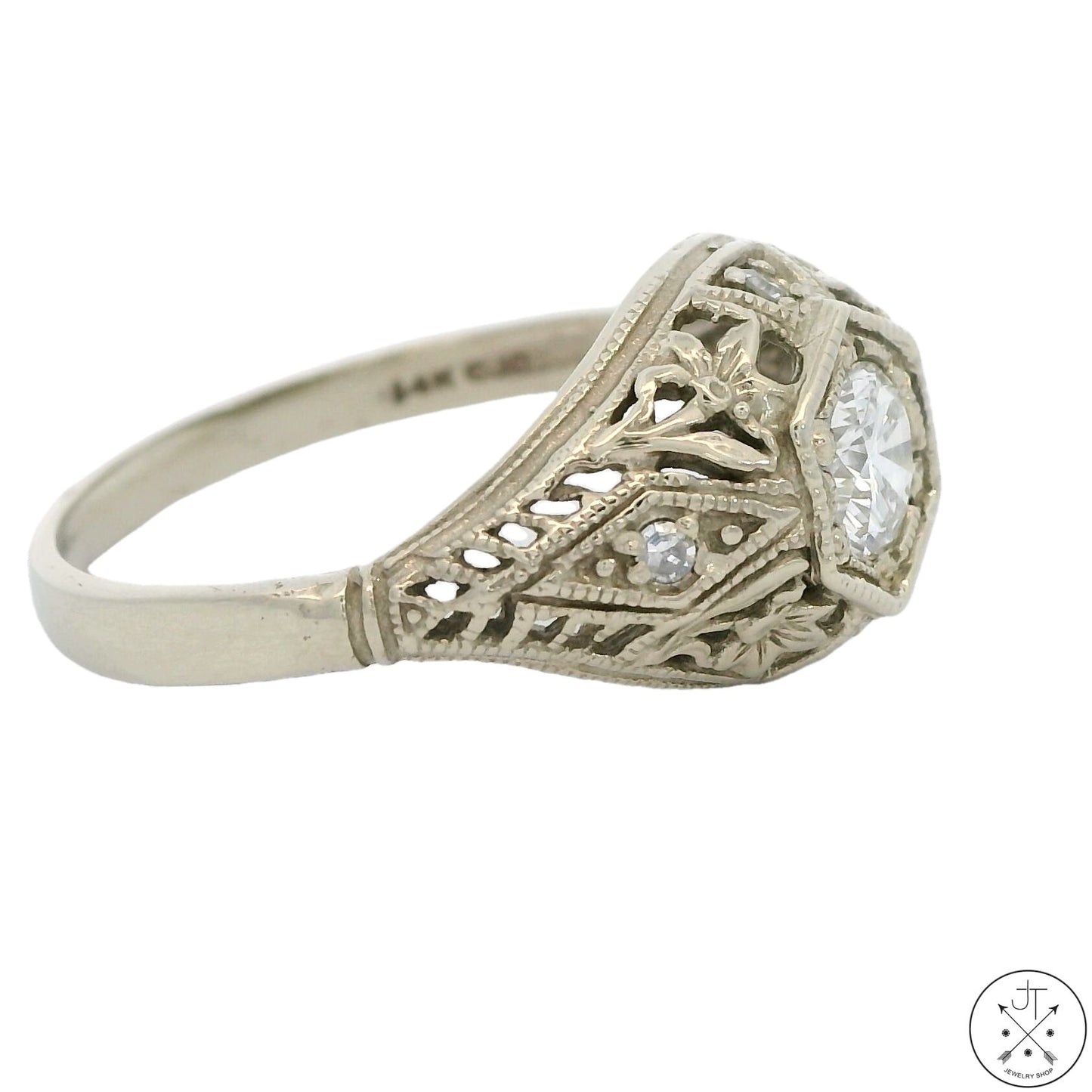 Vintage 14k White Gold Filigree Ring with 1/2 ctw Diamonds Size 7.75