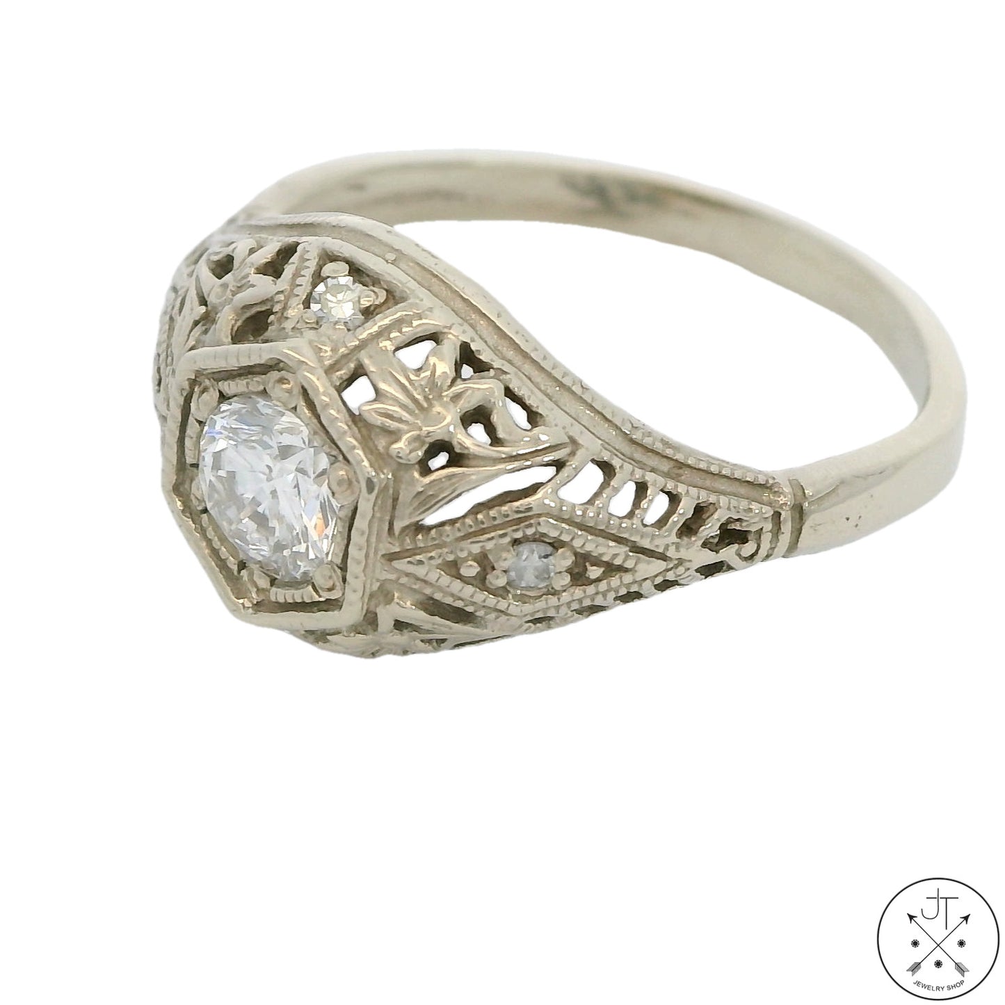 Vintage 14k White Gold Filigree Ring with 1/2 ctw Diamonds Size 7.75