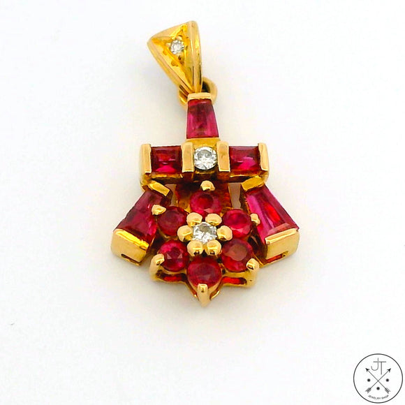 Vintage 18k Yellow Gold Pendant with Spinel and Diamond