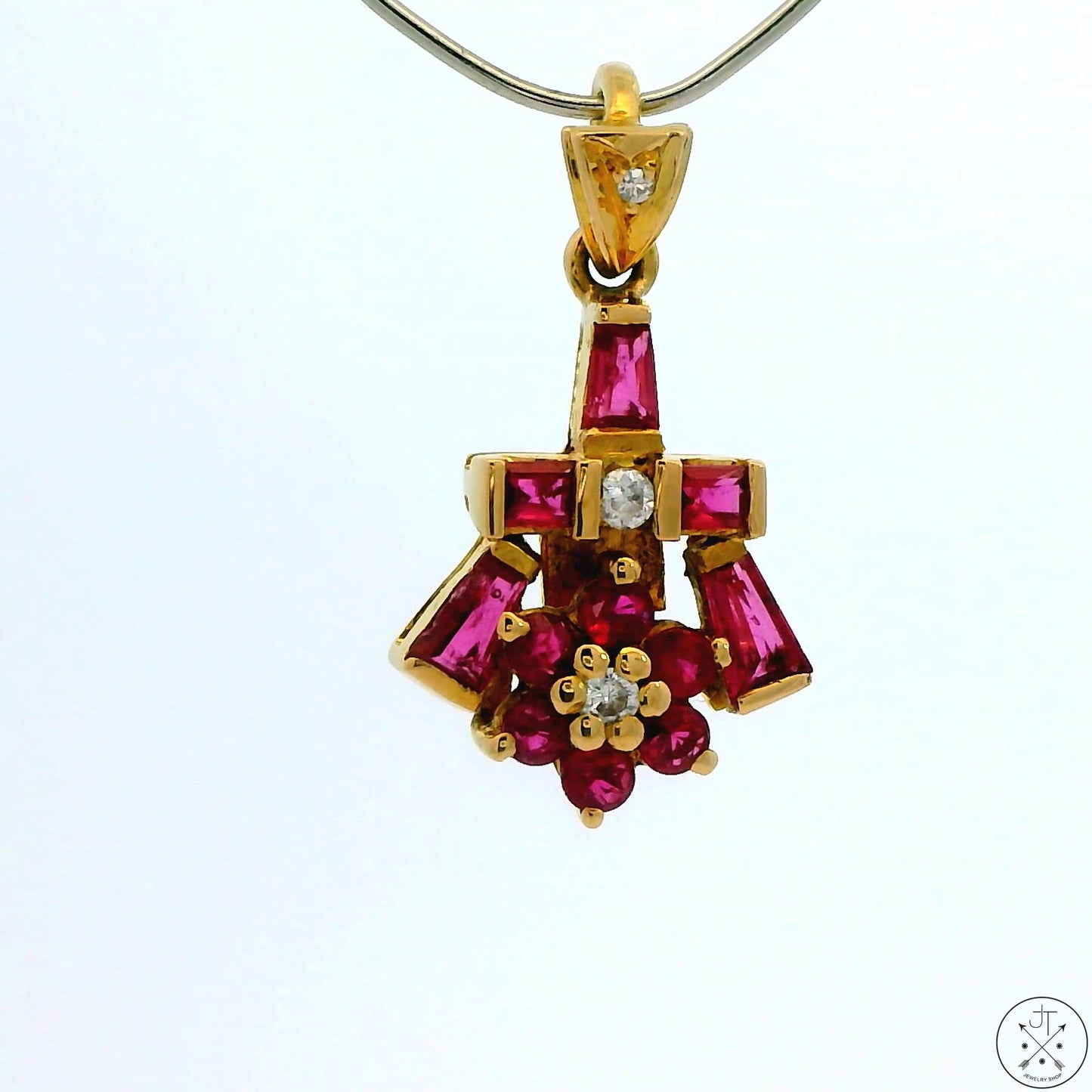 Vintage 18k Yellow Gold Pendant with Spinel and Diamond