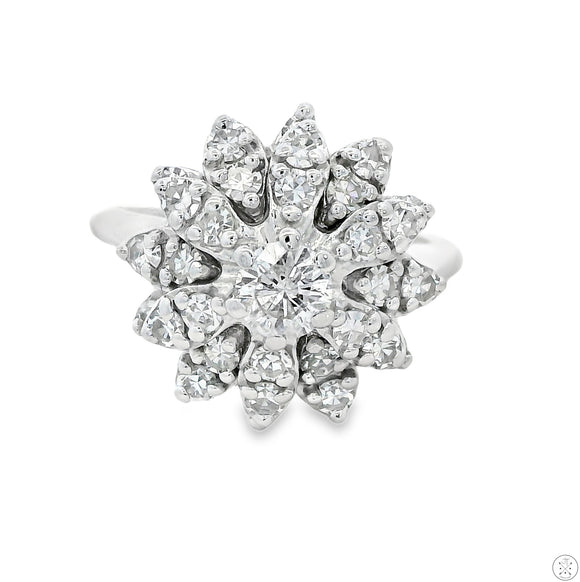 14k White Gold Cluster Ring with 1 ctw Diamonds Size 5.25 GVS1-SI2 Cocktail Flower
