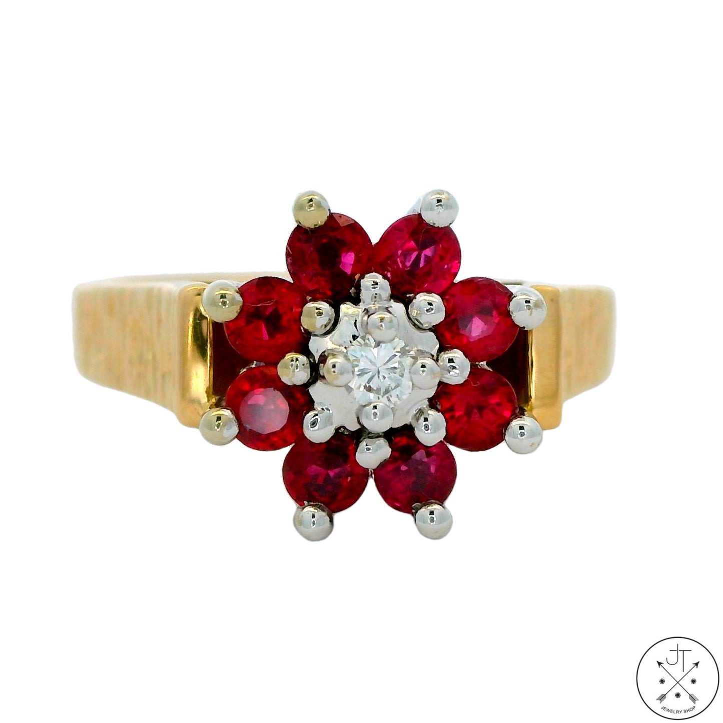 Vintage 14k Yellow Gold Flower Ring Natural Spinel and FVS1 Diamond Size 6.5