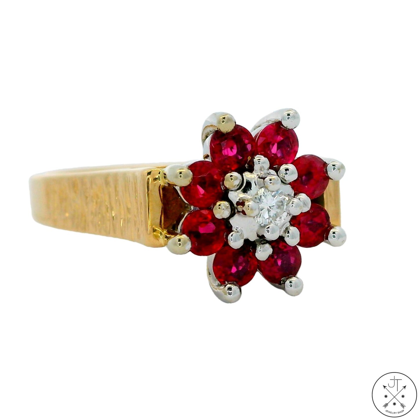 Vintage 14k Yellow Gold Flower Ring Natural Spinel and FVS1 Diamond Size 6.5