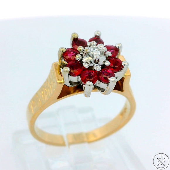 Vintage 14k Yellow and White Gold Flower Ring with Spinel and Diamond Size 6.5