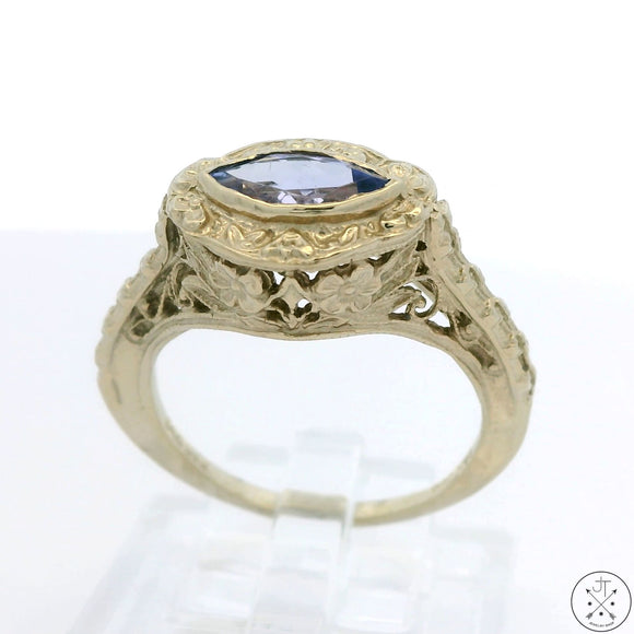 Vintage 14k White Gold Filigree Style Ring with Tanzanite Size 6