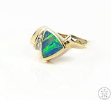 Deco 14k Yellow Gold Ring with Black Opal and Diamond Size 6.5 Certified