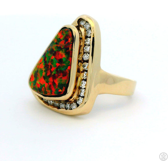 Custom 14k Yellow Gold Statement Ring with Black Opal and Diamonds Size 7.5 Certified