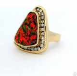 Custom 14k Yellow Gold Statement Ring with Black Opal and Diamonds Size 7.5 Certified