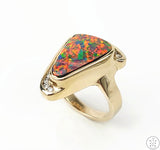 Custom 14k Yellow Gold Statement Ring with Black Opal and Diamonds Size 7.5 Certified