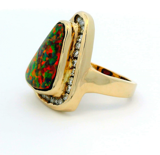 Vintage Custom 14k Yellow Gold Statement Ring Natural Black Opal and Diamonds Size 7.5