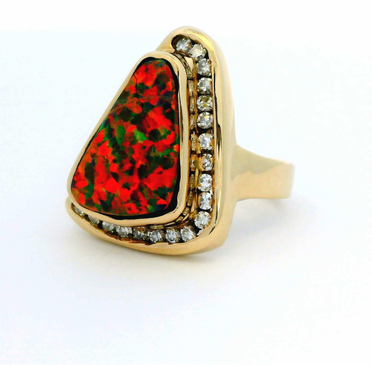 Vintage Custom 14k Yellow Gold Statement Ring Natural Black Opal and Diamonds Size 7.5