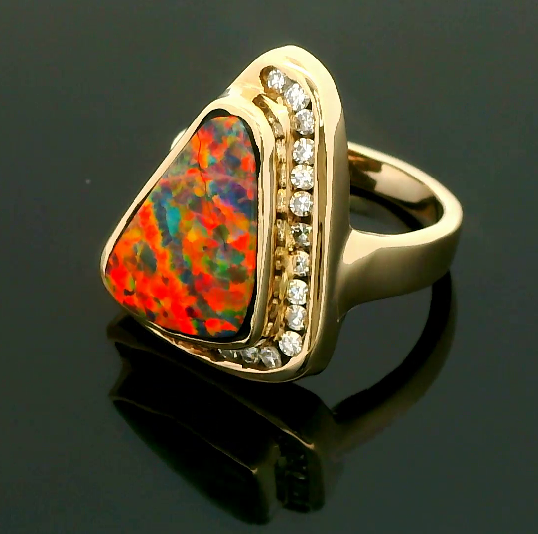 Vintage Custom 14k Yellow Gold Statement Ring Natural Black Opal and Diamonds Size 7.5