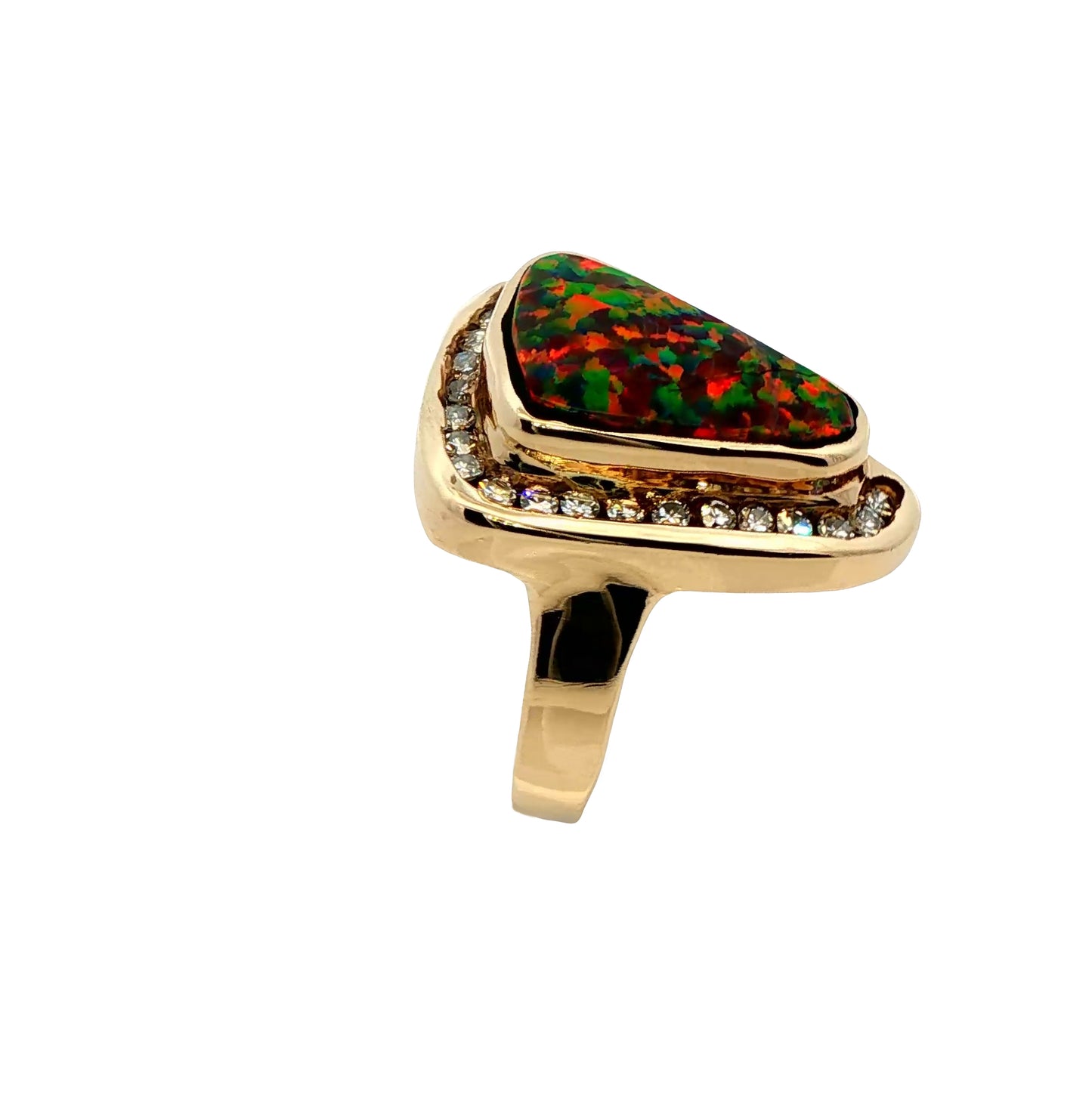 Vintage Custom 14k Yellow Gold Statement Ring Natural Black Opal and Diamonds Size 7.5