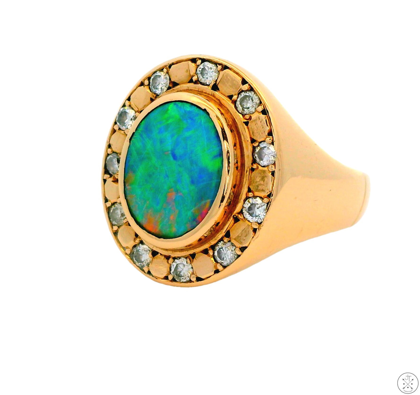 Vintage 14k Yellow Gold Halo Ring with Opal Doublet and Natural Diamonds Size 9.25