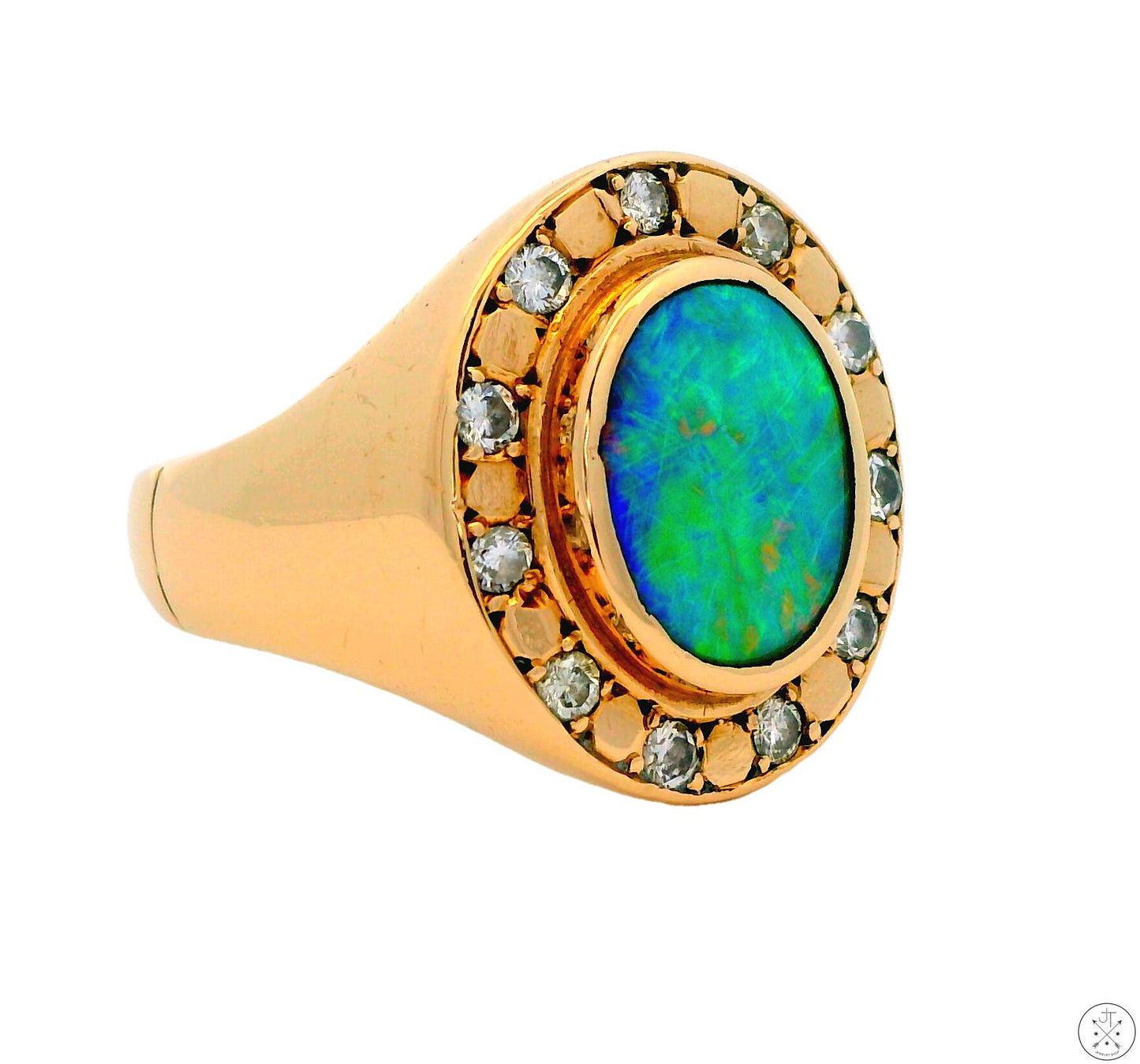 Vintage 14k Yellow Gold Halo Ring with Opal Doublet and Natural Diamonds Size 9.25