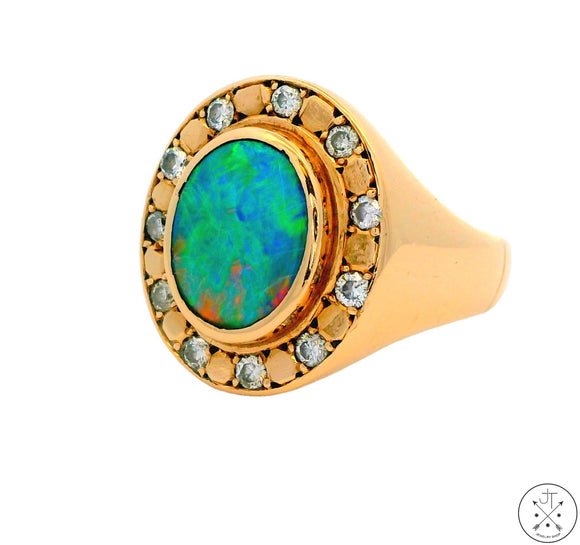 Vintage 14k Yellow Gold Halo Ring with Opal and Diamonds Size 9.25 Certified