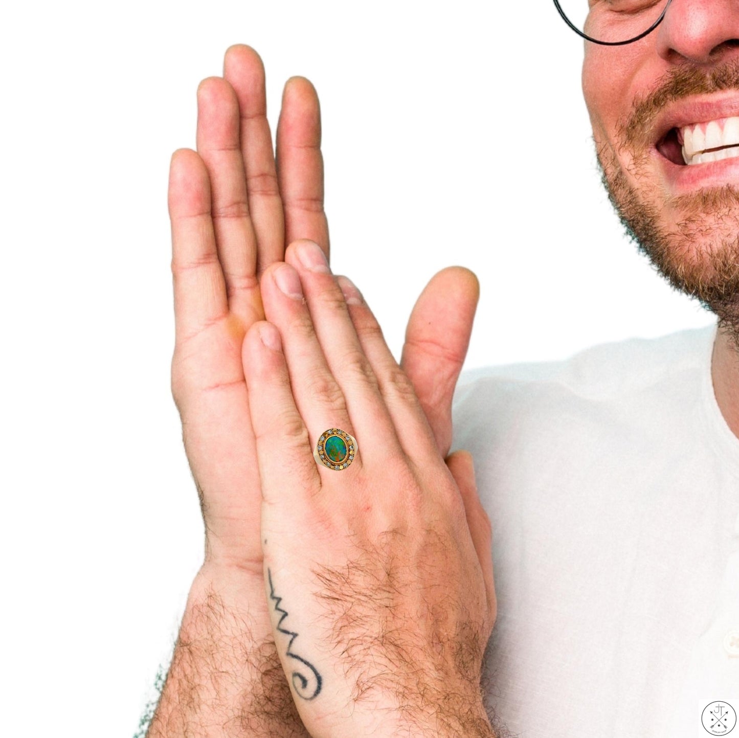 Vintage 14k Yellow Gold Halo Ring with Opal Doublet and Natural Diamonds Size 9.25