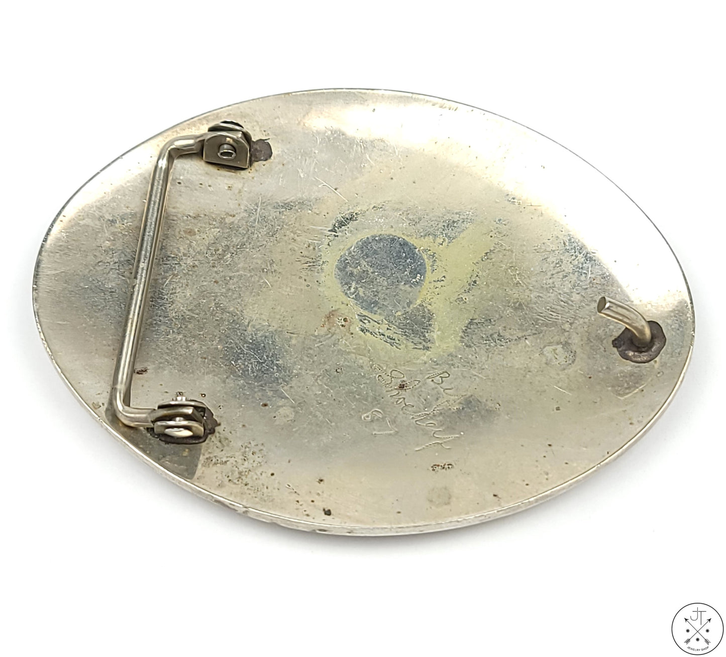 Unique 1987 Sterling Silver Belt Buckle Turquoise Inlay HARRY 3.5 Inch by Shockey Vintage