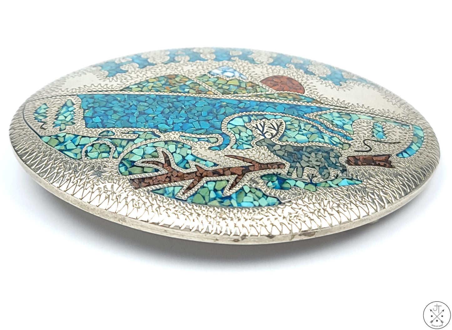 Unique 1987 Sterling Silver Belt Buckle Turquoise Inlay HARRY 3.5 Inch by Shockey Vintage