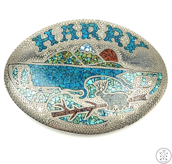 Unique 1987 Sterling Silver Belt Buckle Turquoise Inlay HARRY 3.5 Inch by Shockey Vintage