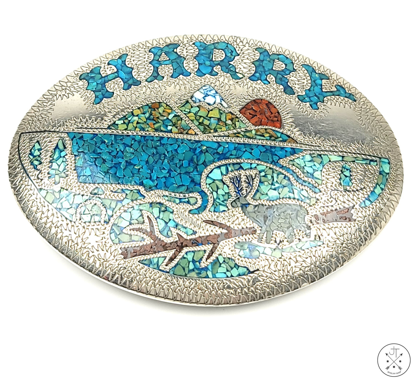 Unique 1987 Sterling Silver Belt Buckle Turquoise Inlay HARRY 3.5 Inch by Shockey Vintage