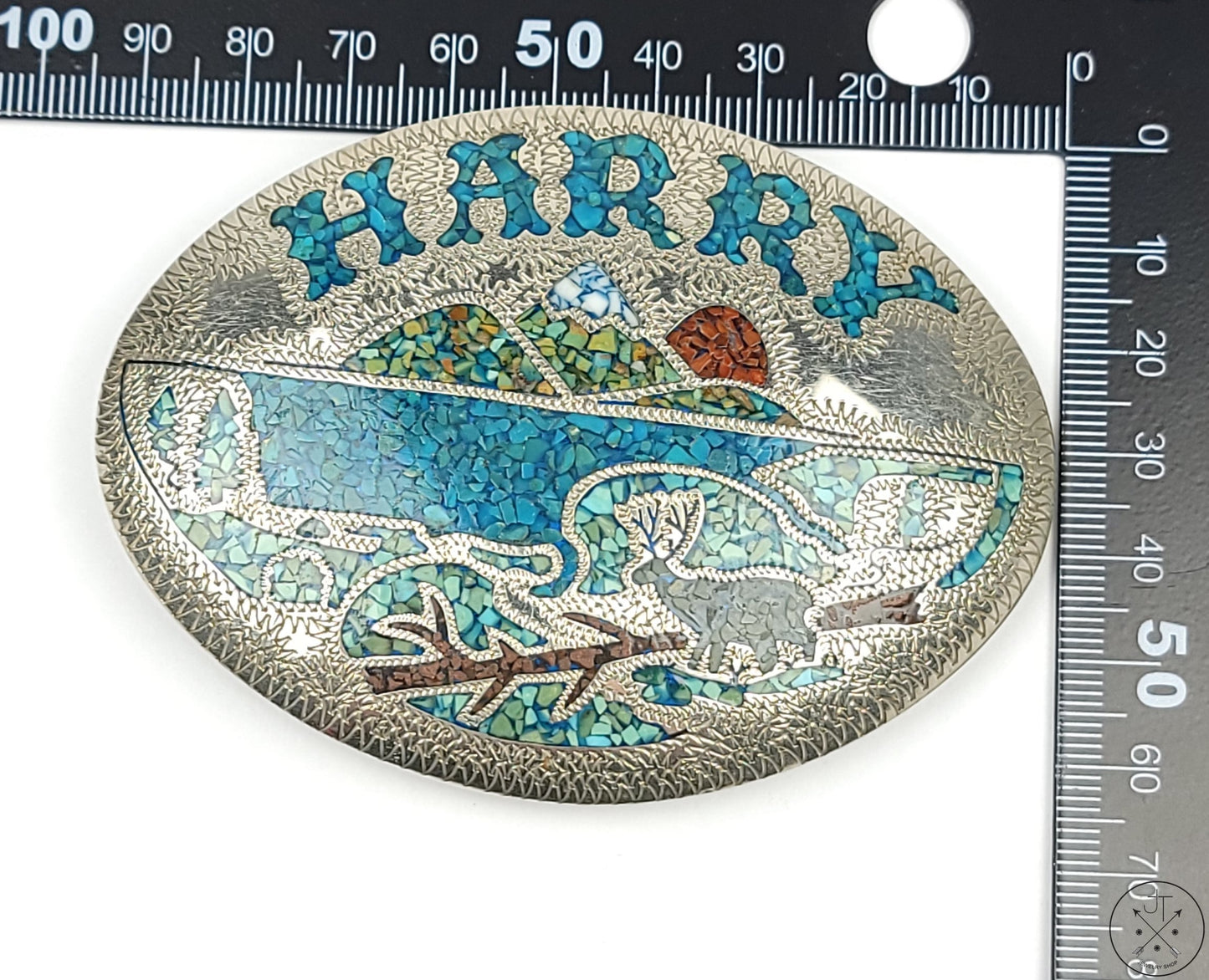 Unique 1987 Sterling Silver Belt Buckle Turquoise Inlay HARRY 3.5 Inch by Shockey Vintage