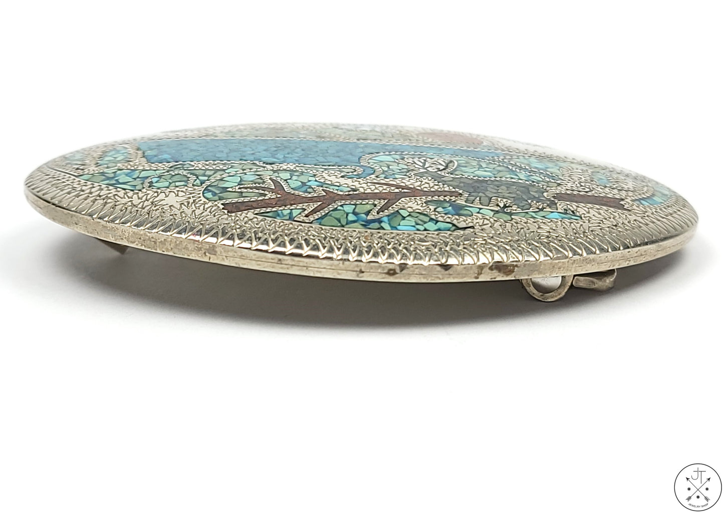 Unique 1987 Sterling Silver Belt Buckle Turquoise Inlay HARRY 3.5 Inch by Shockey Vintage