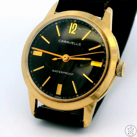 1967 Vintage Caravelle Waterproof 31 mm Mechanical Watch Gold Toned Black Dial