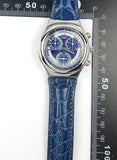 Rare 1995 New Old Stock Swatch Irony Chronograph 39 mm Watch Stainless Steel Blue Leather