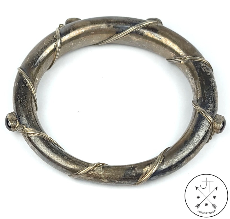 Unique Vintage Sterling Silver Tapered Bangle with Garnet 2.5 Inch