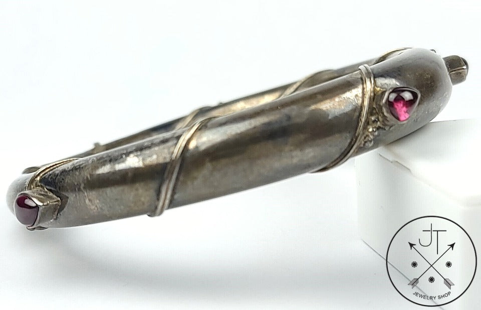 Unique Vintage Sterling Silver Tapered Bangle with Garnet 2.5 Inch