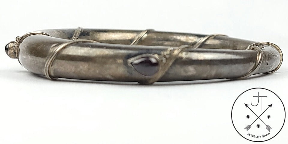 Unique Vintage Sterling Silver Tapered Bangle with Garnet 2.5 Inch