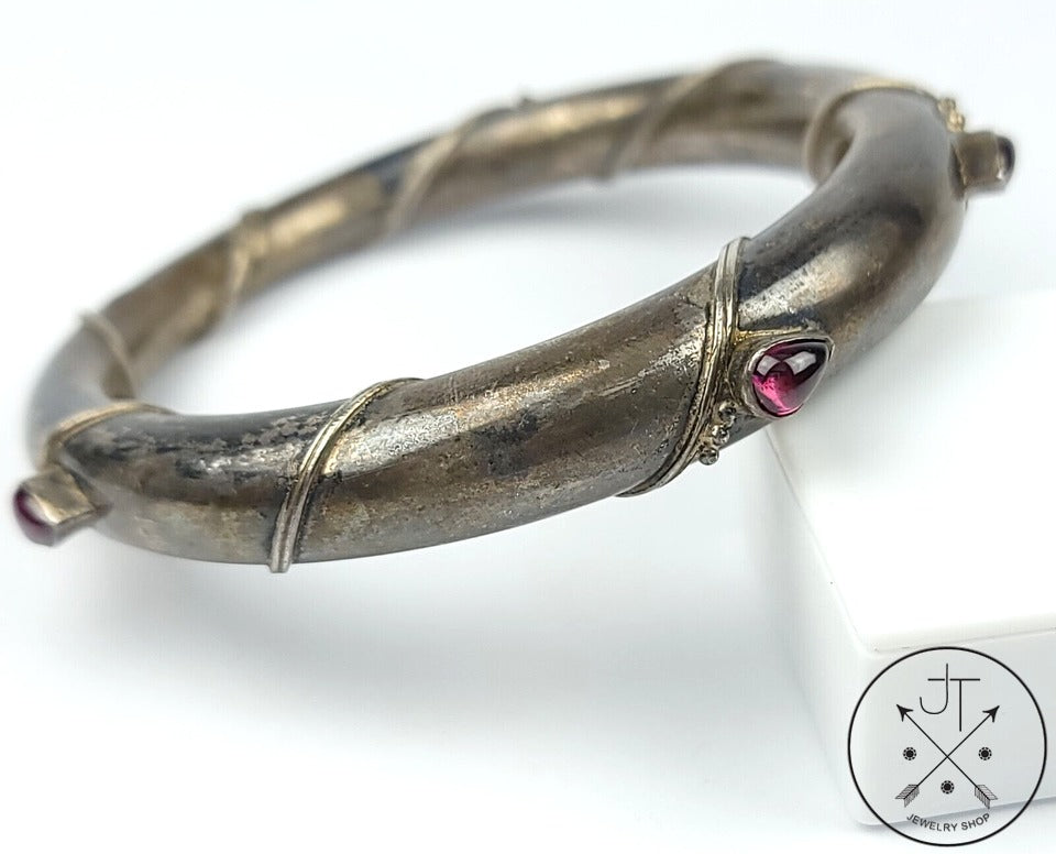 Unique Vintage Sterling Silver Tapered Bangle with Garnet 2.5 Inch