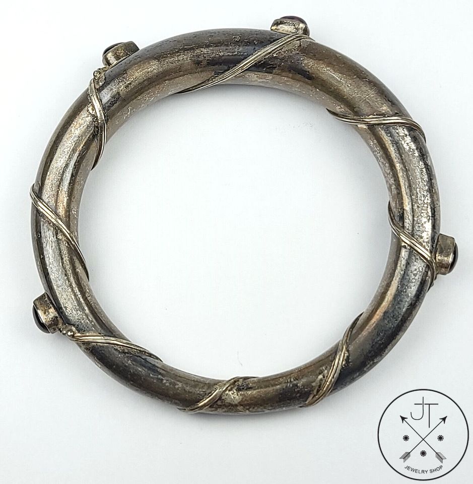 Unique Vintage Sterling Silver Tapered Bangle with Garnet 2.5 Inch
