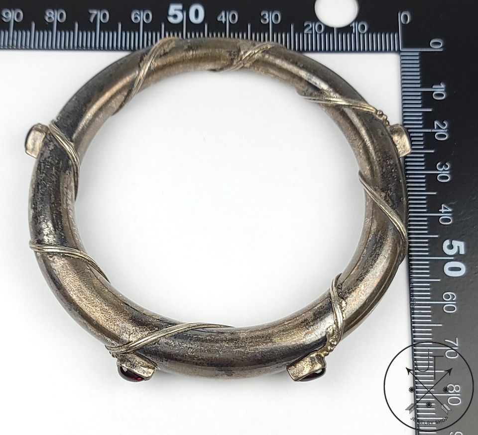 Unique Vintage Sterling Silver Tapered Bangle with Garnet 2.5 Inch