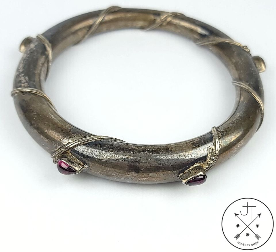 Unique Vintage Sterling Silver Tapered Bangle with Garnet 2.5 Inch